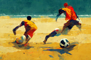 два футболиста играют в пляжный футбол
